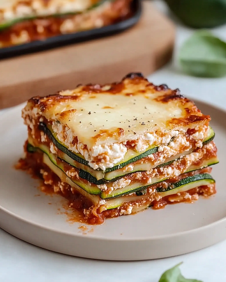 Single slice of zucchini lasagna on a plate with layers of cheese, zucchini, and marinara