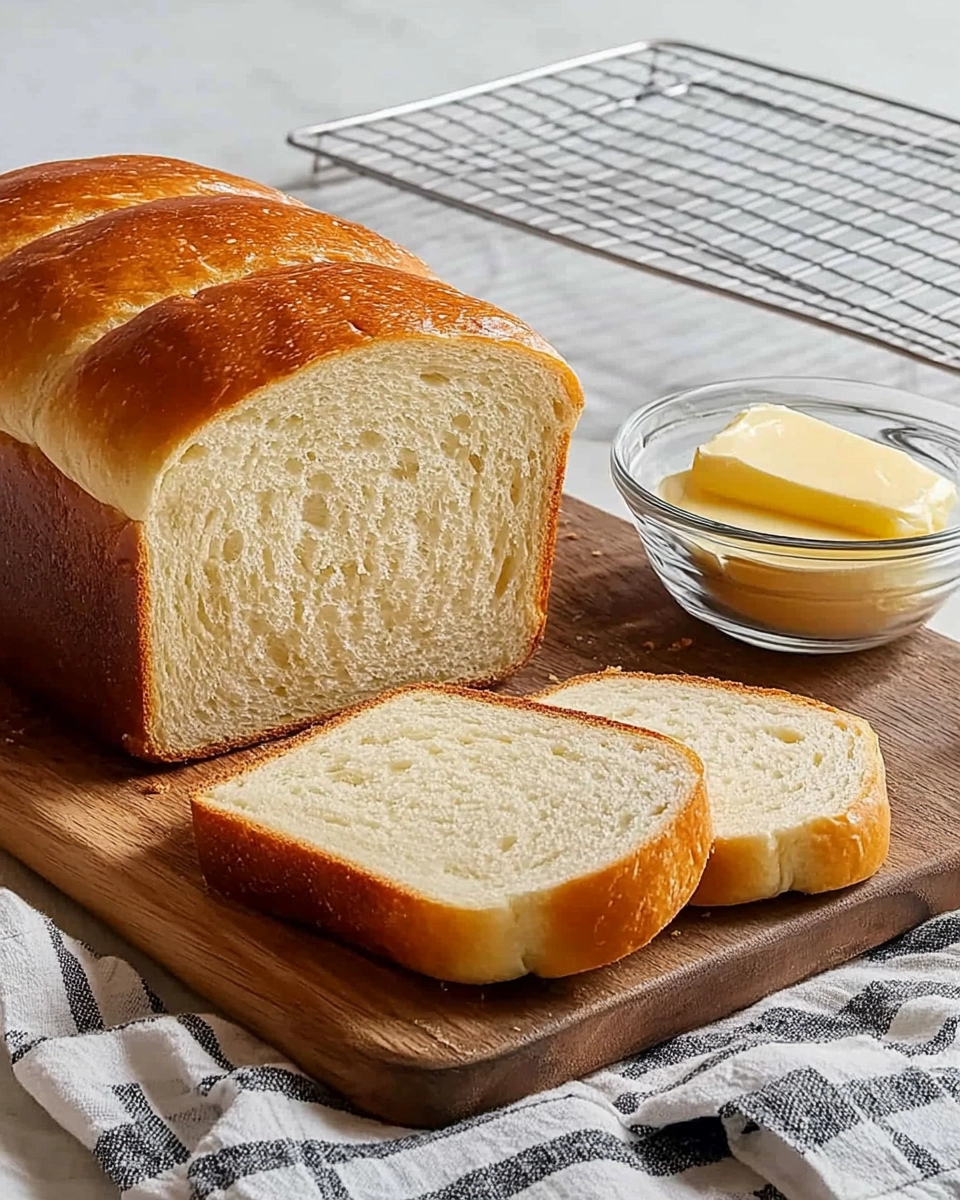 Sliced Amish white bread loaf with butter on a wooden board in a sunlit kitchen