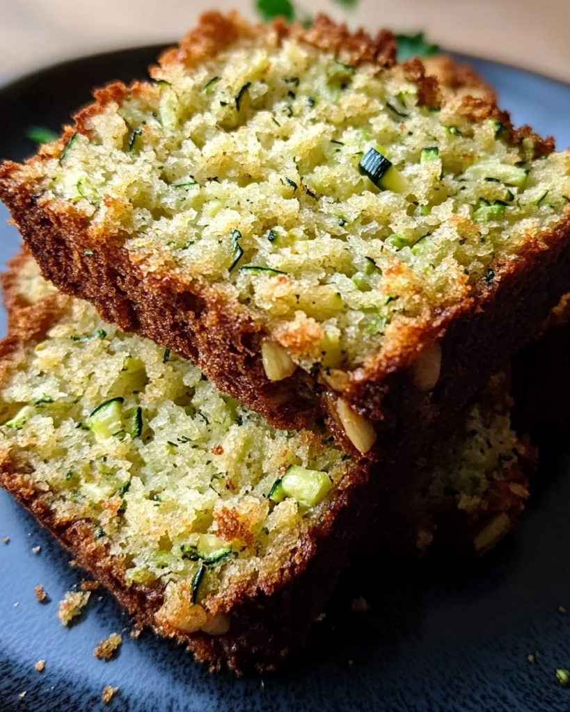 Stacked slices of homemade zucchini bread with a golden crust and moist zucchini-packed interior.

