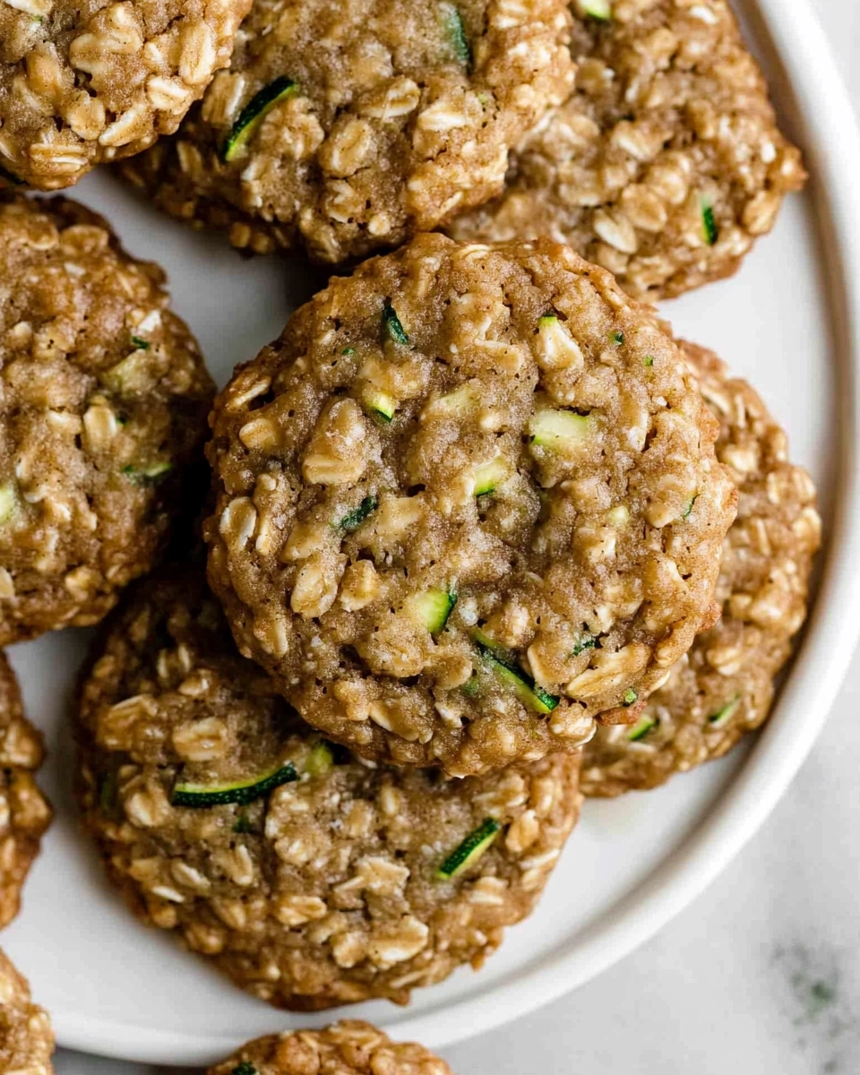 Side view of zucchini oatmeal cookies stacked on a plate with visible oats and shredded zucchini