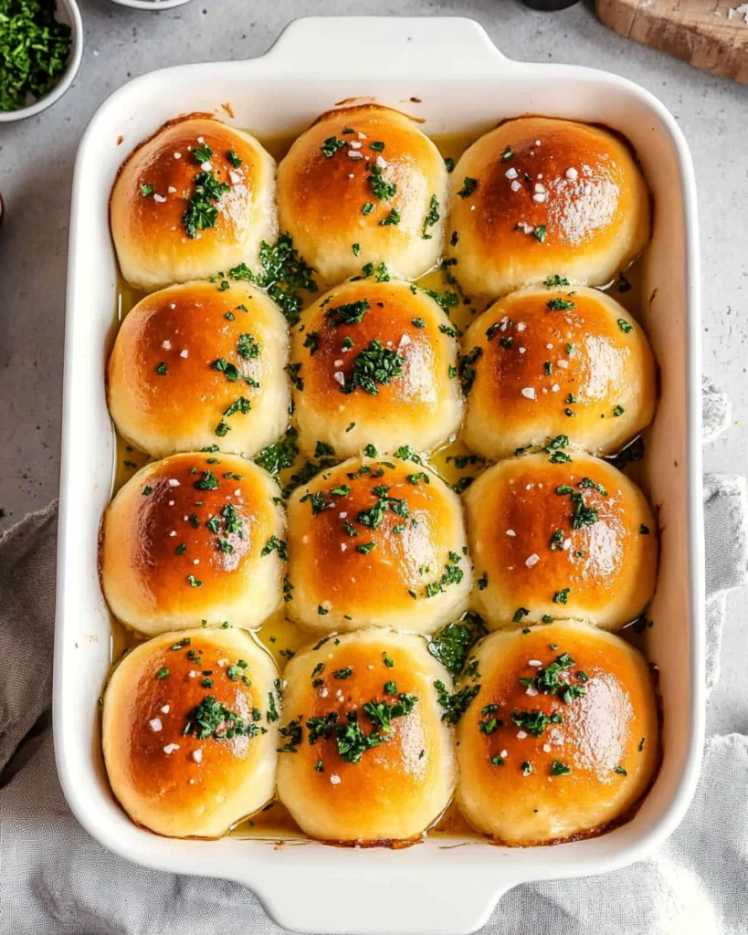 Freshly baked garlic butter rolls in a white baking dish topped with parsley