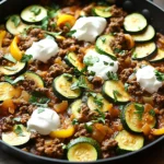 Zucchini and ground beef skillet with tomato sauce, parsley, and sour cream in a black pan.
