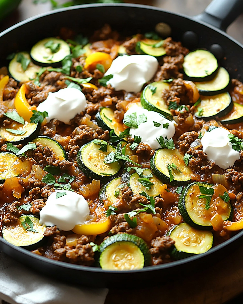 Zucchini and ground beef skillet with tomato sauce, parsley, and sour cream in a black pan.
