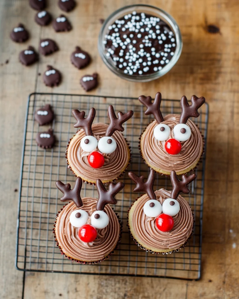 Reindeer cupcakes with candy eyes and chocolate antlers on a wire rack with decorating supplies.