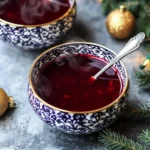Top view of two bowls of hot red borscht with spoons, decorated with pine branches and Christmas ornaments.
