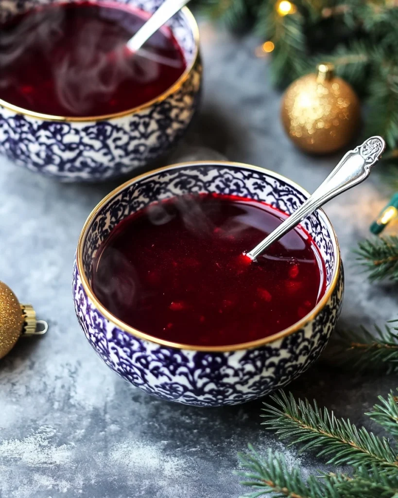 Top view of two bowls of hot red borscht with spoons, decorated with pine branches and Christmas ornaments.