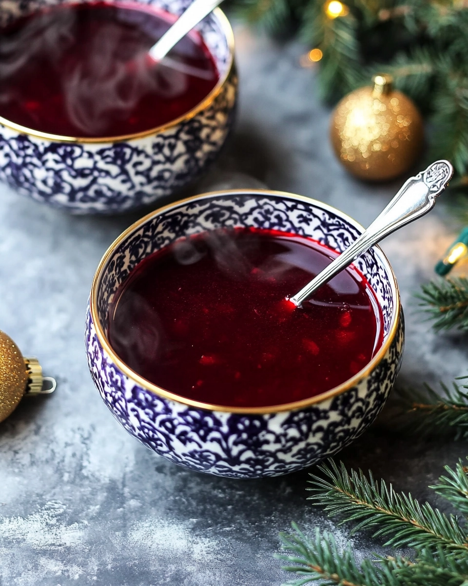 Top view of two bowls of hot red borscht with spoons, decorated with pine branches and Christmas ornaments.
