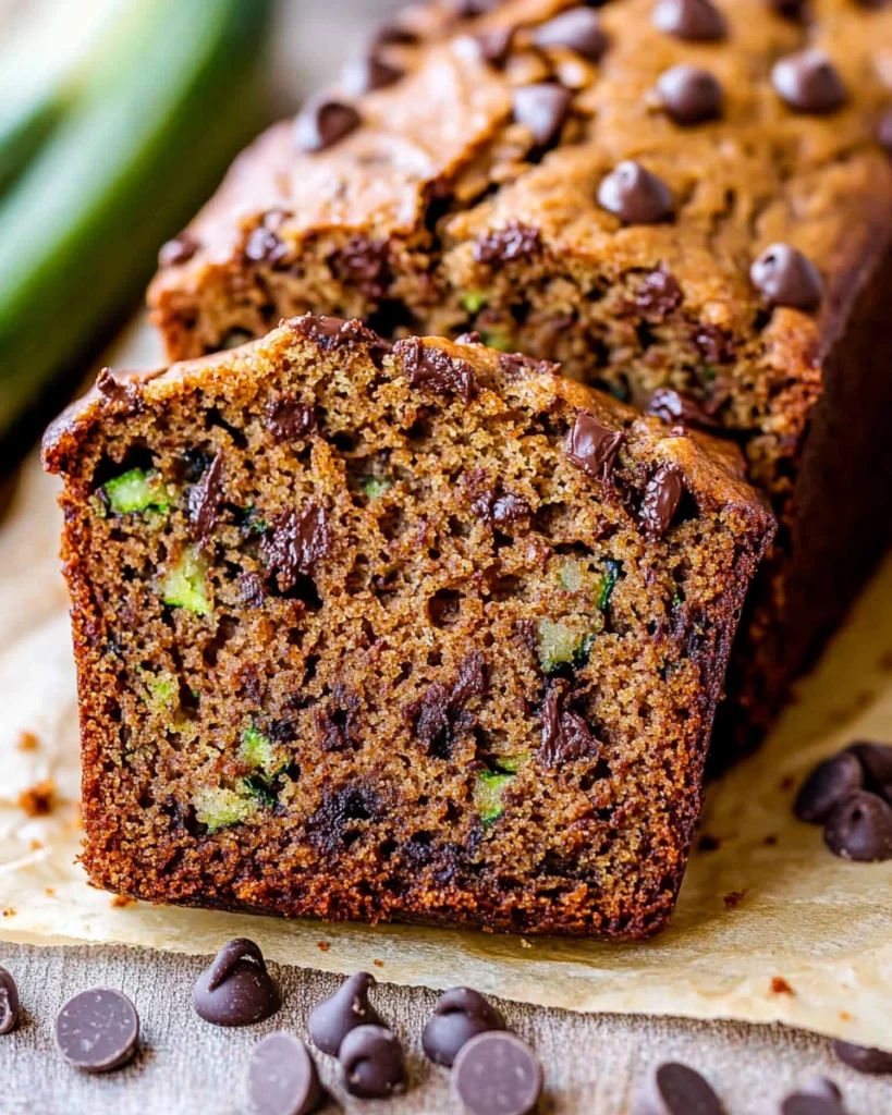 Chocolate chip zucchini bread loaf with one slice pulled out showing moist texture

