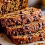Stacked slices of chocolate chip zucchini bread with melted chocolate and crisp edges