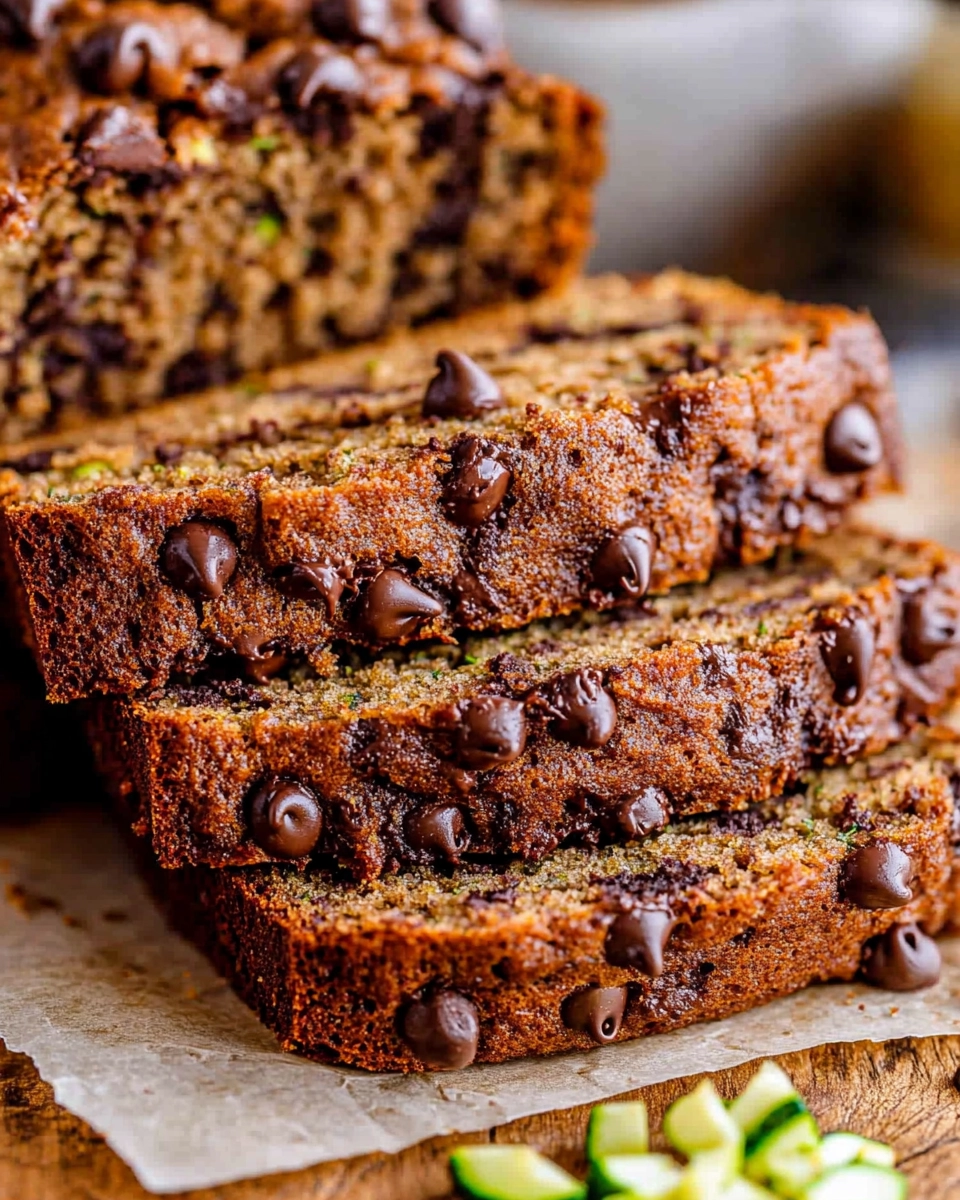Stacked slices of chocolate chip zucchini bread with melted chocolate and crisp edges