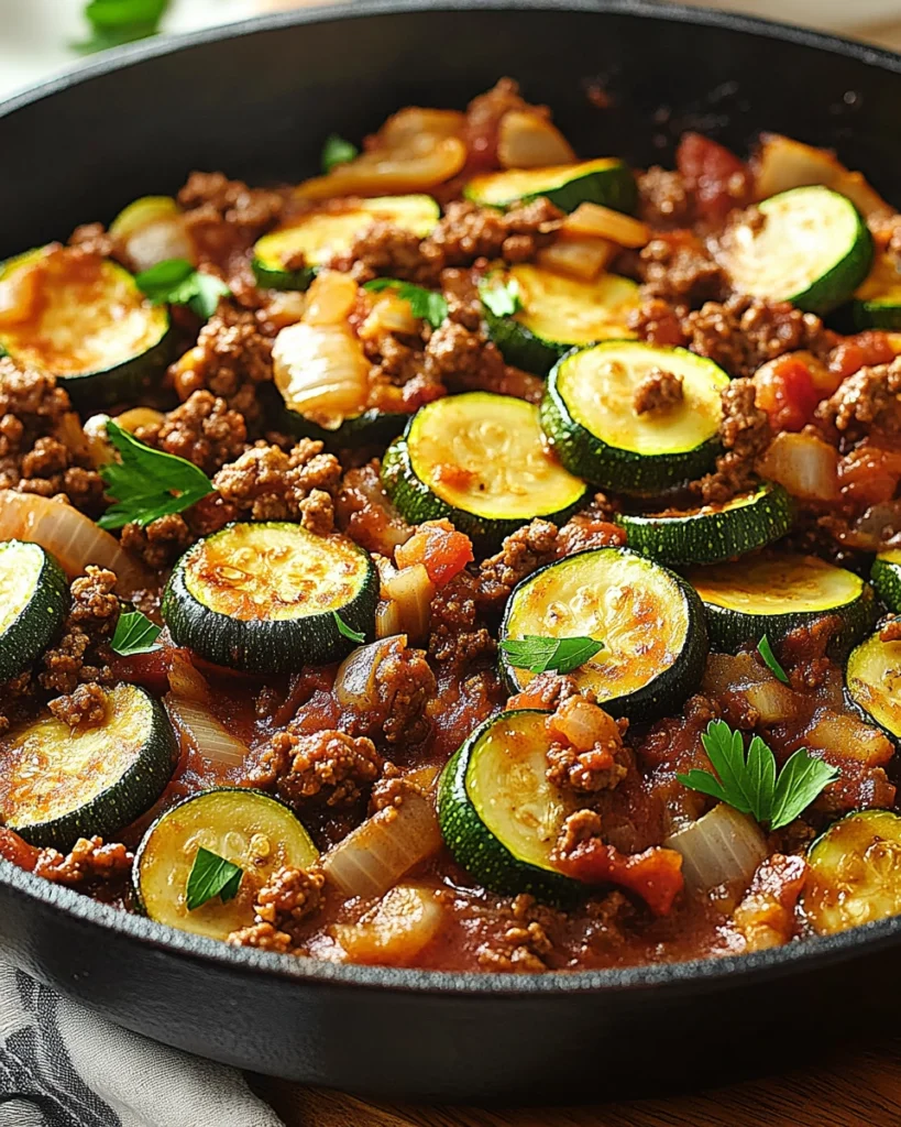 Ground beef and zucchini cooked in tomato sauce with onions and parsley in a cast-iron skillet.
