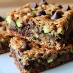 Stacked chocolate chip zucchini bars with gooey chocolate chips and visible zucchini strands on a gray plate