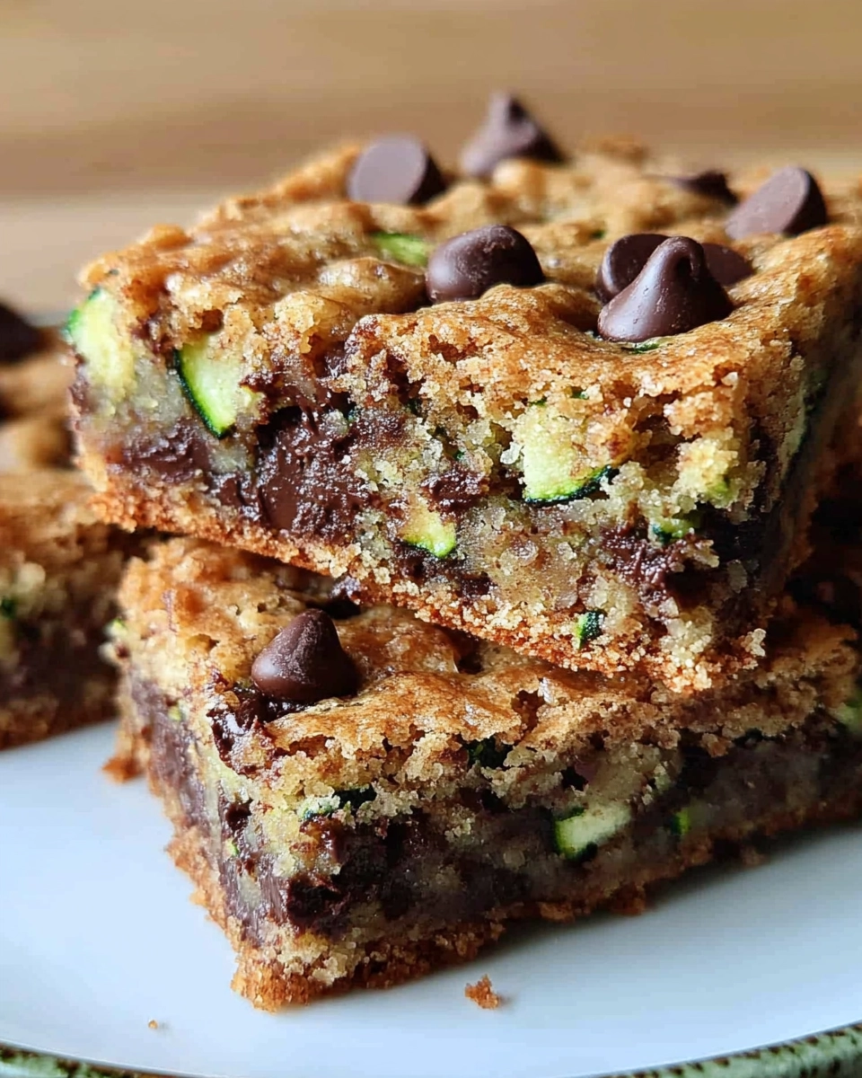 Stacked chocolate chip zucchini bars with gooey chocolate chips and visible zucchini strands on a gray plate