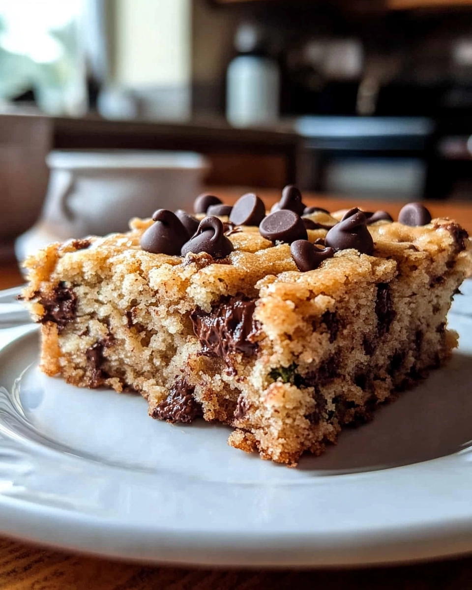Close-up of a thick chocolate chip zucchini bar with golden edges and melted chocolate chips on a plate

