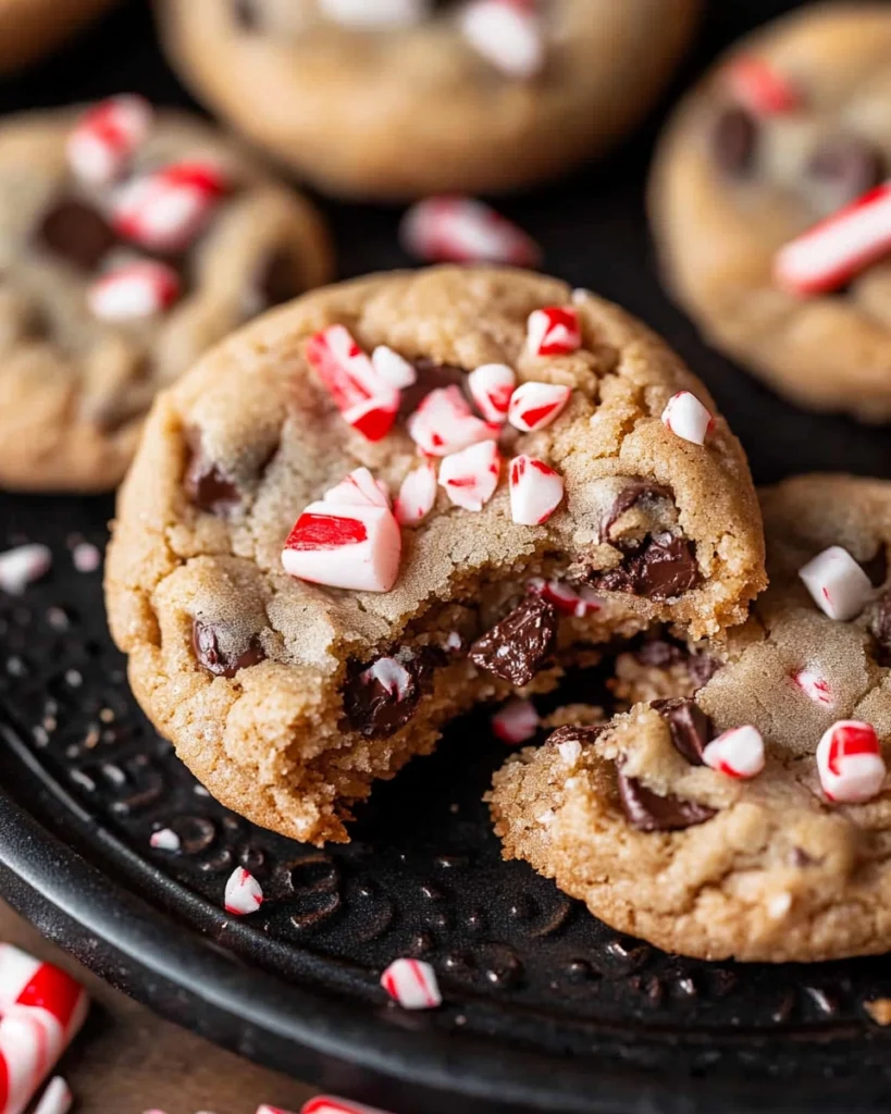 Close-up of gooey peppermint chocolate chip cookies with crushed candy cane topping on a black plate.