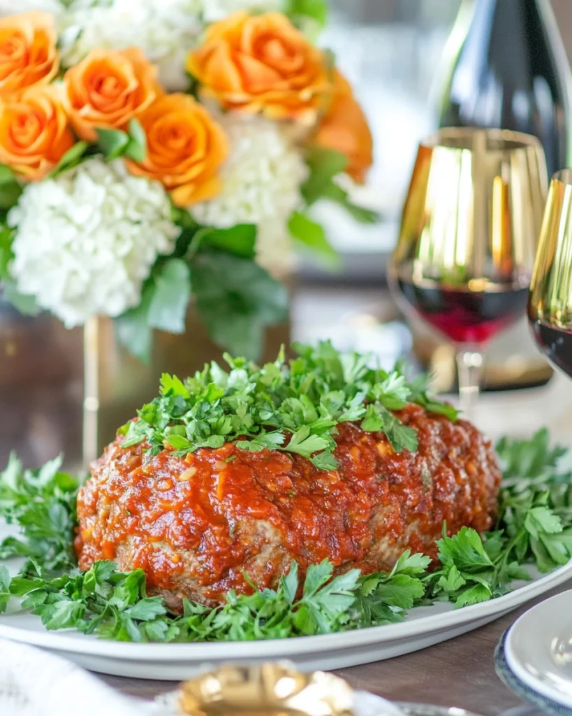 Whole braciole roast topped with tomato sauce on a white platter with wine and flowers in the background