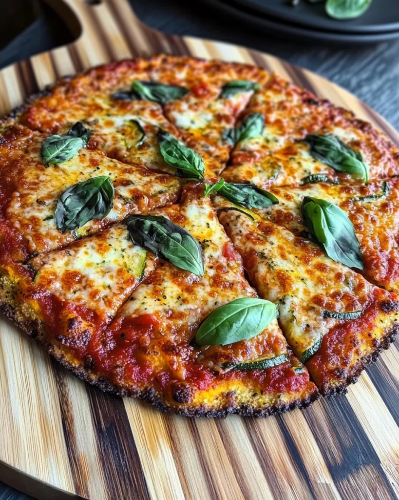 Crispy zucchini pizza crust topped with cheese, tomato sauce, and basil on a wooden board