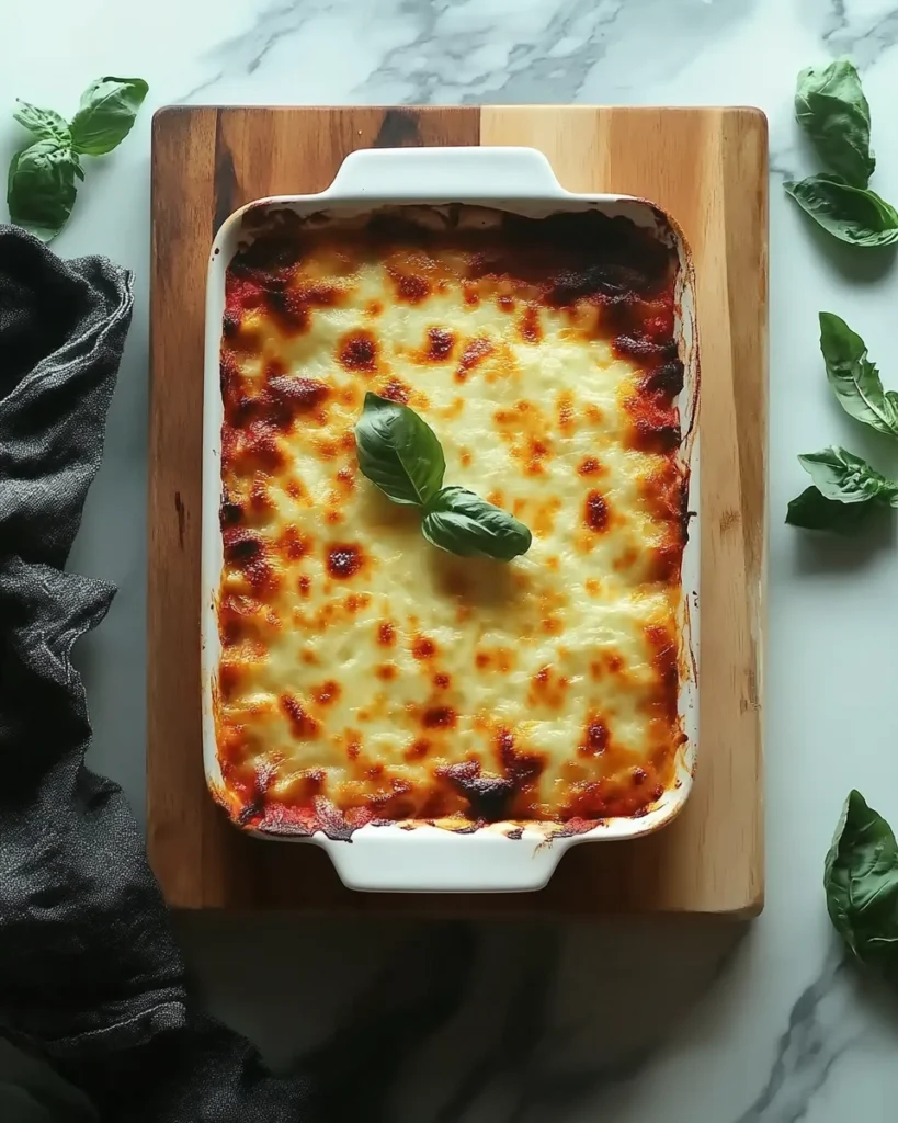 Delicious homemade lasagna topped with fresh basil in a white baking dish on a wooden board.
