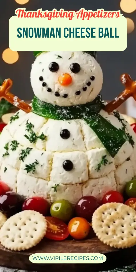 Close-up of snowman cheese ball decorated with olives, carrot, parsley, and pretzel sticks, surrounded by crackers and cherry tomatoes.