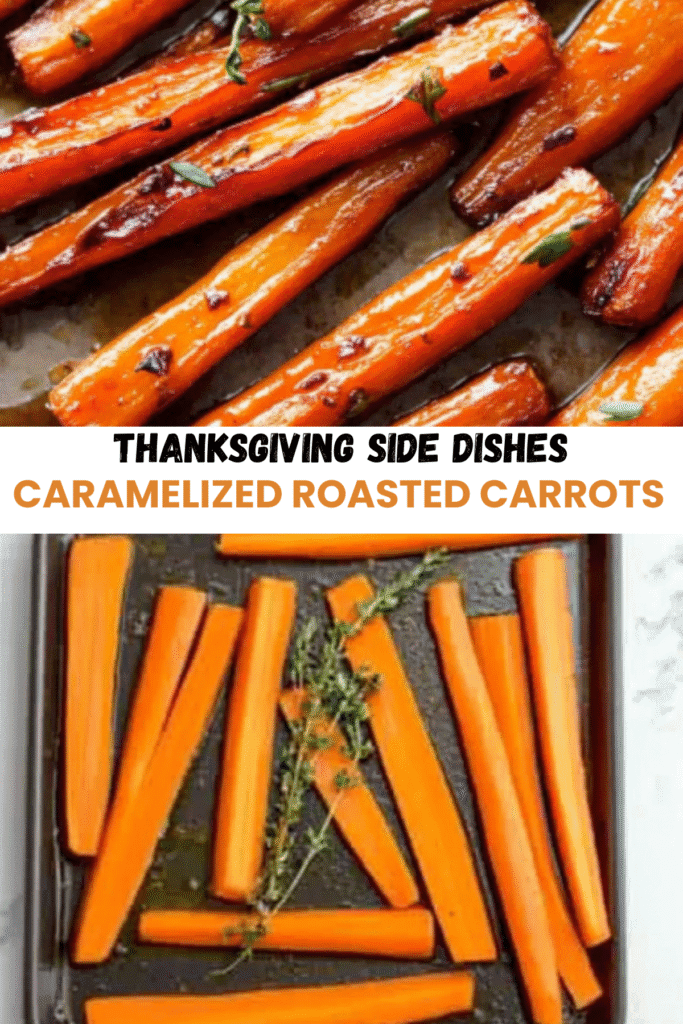 Thanksgiving roasted carrots shown raw on a tray and roasted with glaze.