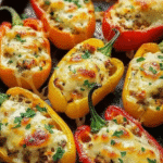 Close-up view of roasted mini bell peppers filled with melted cheese and herbs on a dark baking tray.