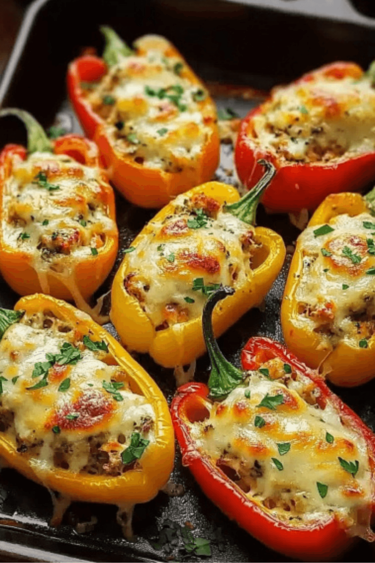Close-up view of roasted mini bell peppers filled with melted cheese and herbs on a dark baking tray.
