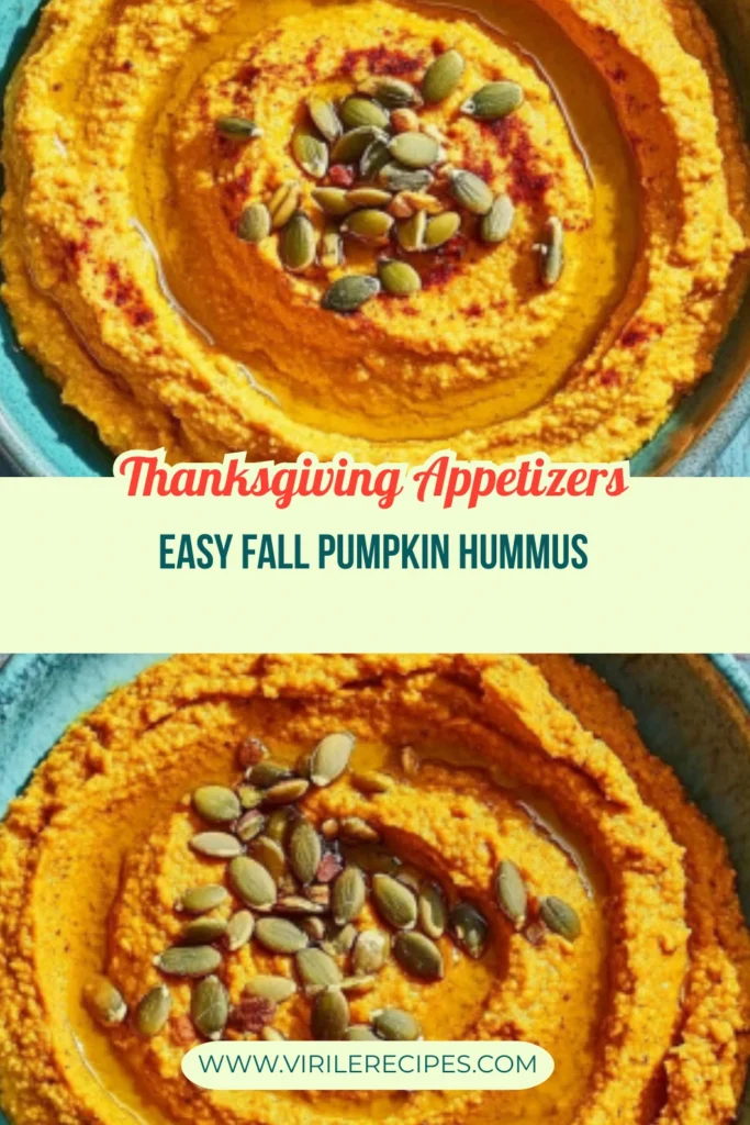 Close-up of smoky pumpkin hummus garnished with pumpkin seeds and olive oil swirl