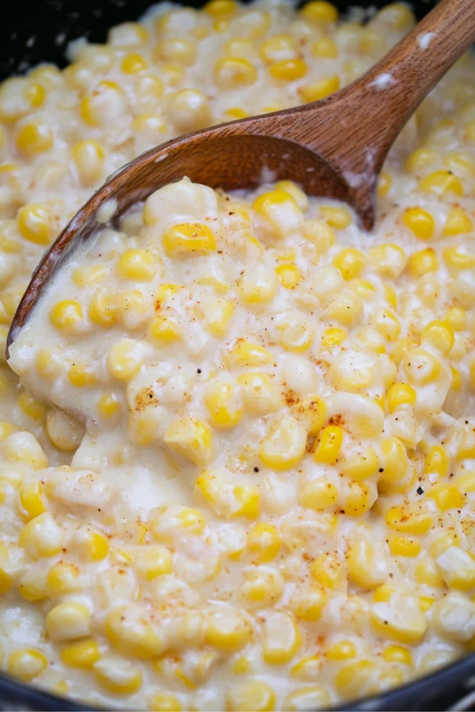 Close-up of creamy corn kernels stirred with a wooden spoon, coated in a smooth, rich sauce.