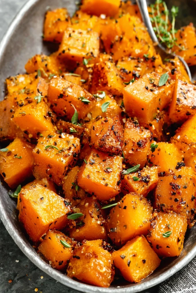 Overhead view of roasted butternut squash cubes with herbs in an oval bowl on a stone background