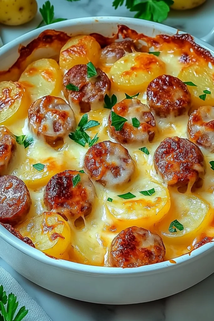 Cheesy potato and sausage casserole with golden sausage slices and parsley garnish.