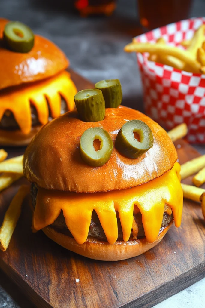 Creative monster-themed burgers with cheddar cheese, pickles as tongues, and olives for eyes, paired with crispy French fries.