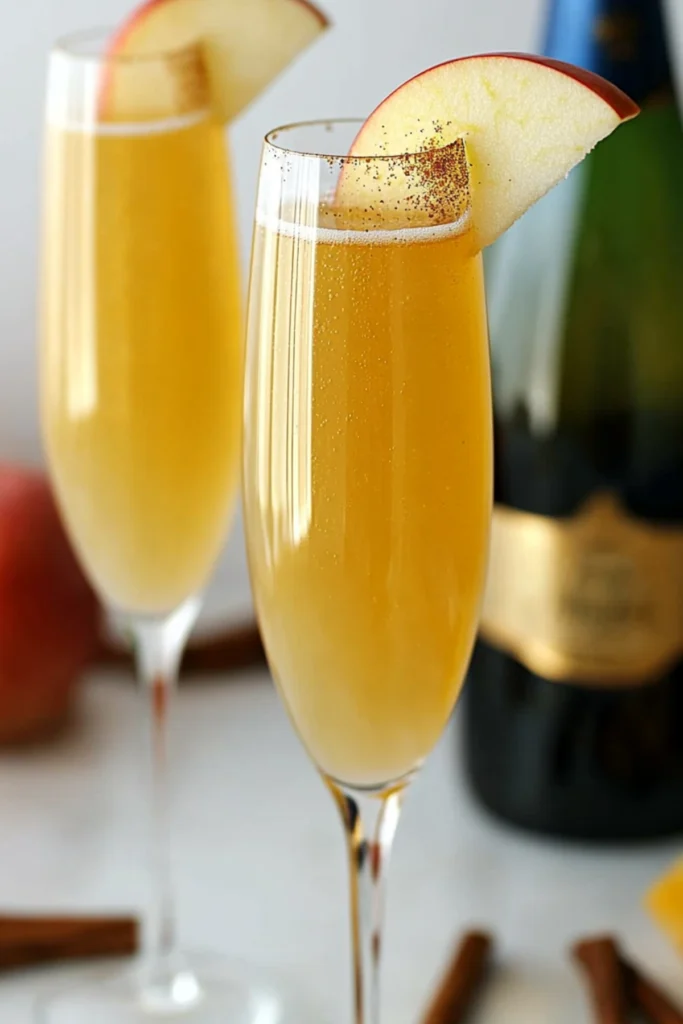 Apple cider mimosas in champagne flutes with apple slice garnish and cinnamon sticks beside a sparkling wine bottle