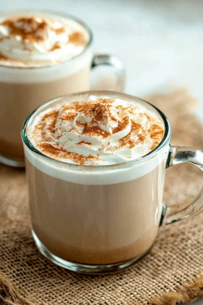 Glass mug of cinnamon latte topped with whipped cream on a rustic mat.