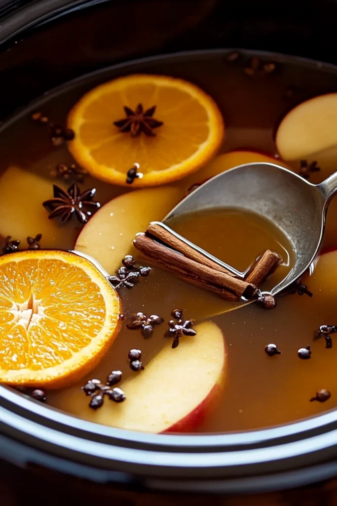 Close-up crockpot spiced apple cider with oranges, ginger, cloves, and cinnamon