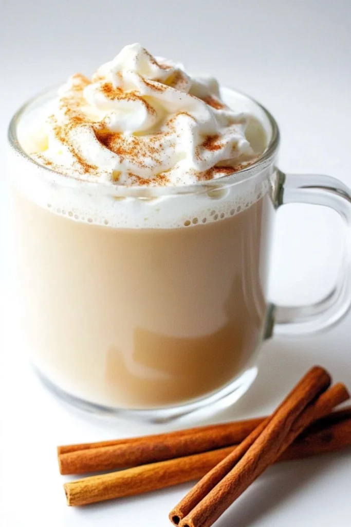 Glass mug of latte topped with whipped cream and cinnamon sticks on a white background.