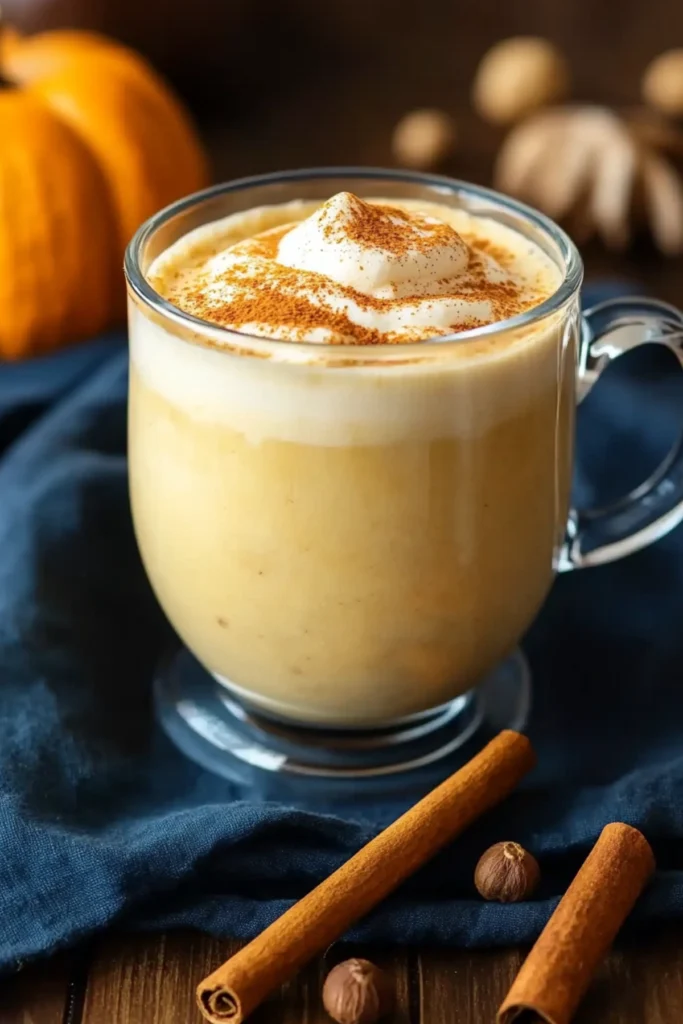 Pumpkin spice latte in a glass mug topped with cinnamon foam, styled with nutmeg and cinnamon sticks.