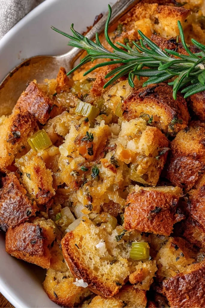 Close-up of golden-brown homemade stuffing with crispy bread cubes and fresh rosemary garnishing, showcasing a warm and inviting comfort food dish.