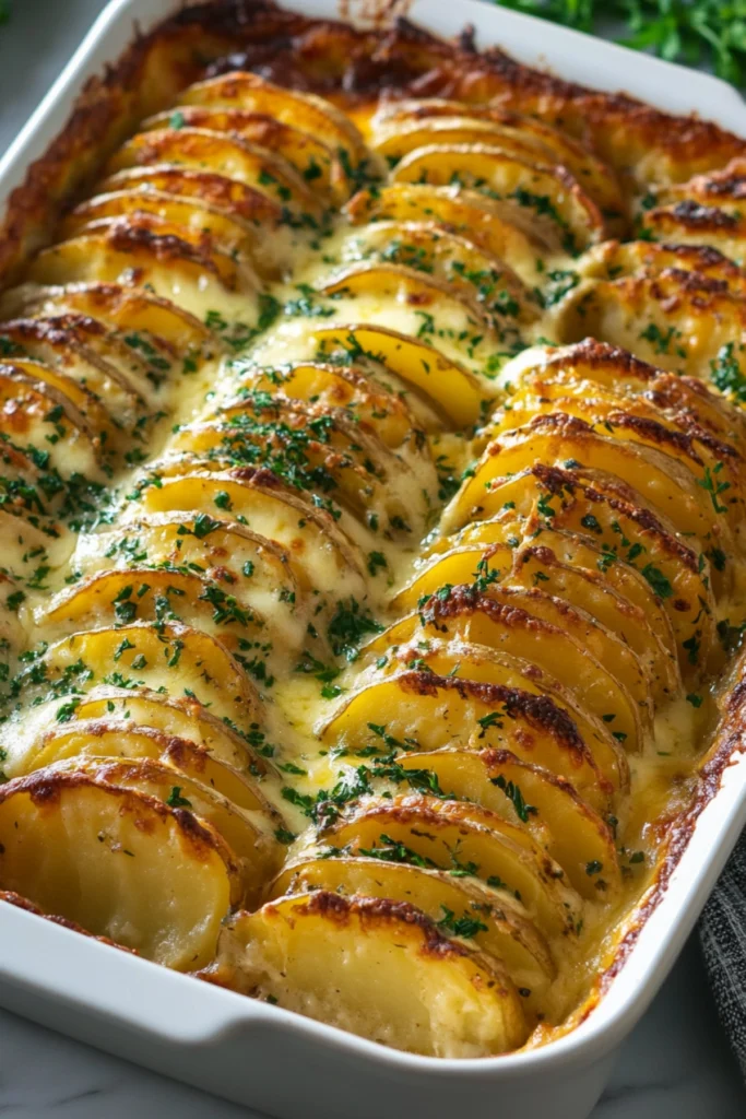 Golden scalloped potatoes with cheese and parsley in a casserole dish.