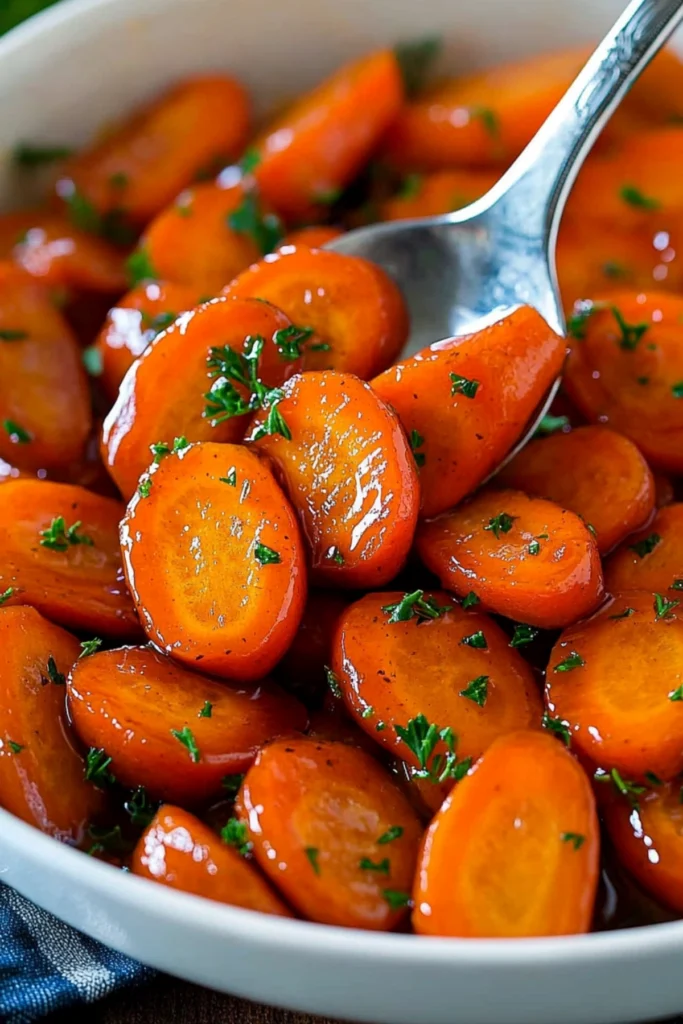 Close-up of a silver spoon serving glazed carrots, garnished with parsley, in a white dish showcasing their glossy texture and vibrant orange color.