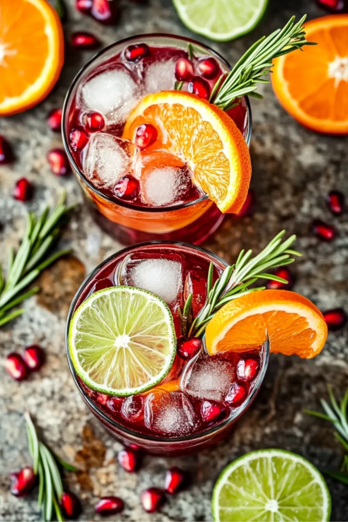 Top view of holiday cocktails with lime, orange, rosemary, and pomegranate on a rustic table.