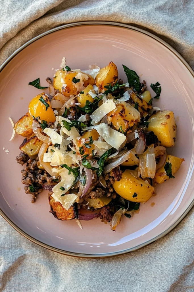 A mouth-watering breakfast dish with roasted potatoes, ground beef, sweet peppers, and sautéed onions, topped with shredded cheese and fresh herbs, served on a pink plate.