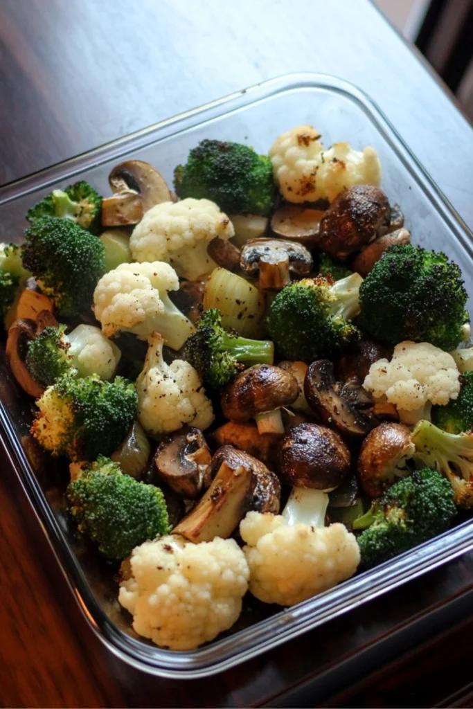 A close-up shot of roasted cauliflower, broccoli, mushrooms, and onions in a glass dish, lightly seasoned and perfectly roasted, creating an appetizing and healthy vegetable medley.