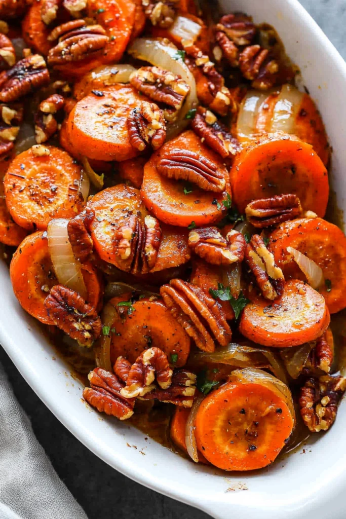 Close-up of roasted carrots with pecans and caramelized onions in a white dish on a gray background.