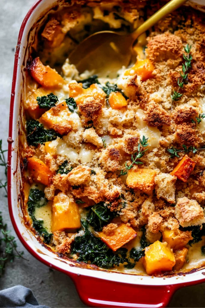 A golden, crispy bread-topped casserole filled with butternut squash, kale, and leeks in a red Staub dish, garnished with fresh thyme.