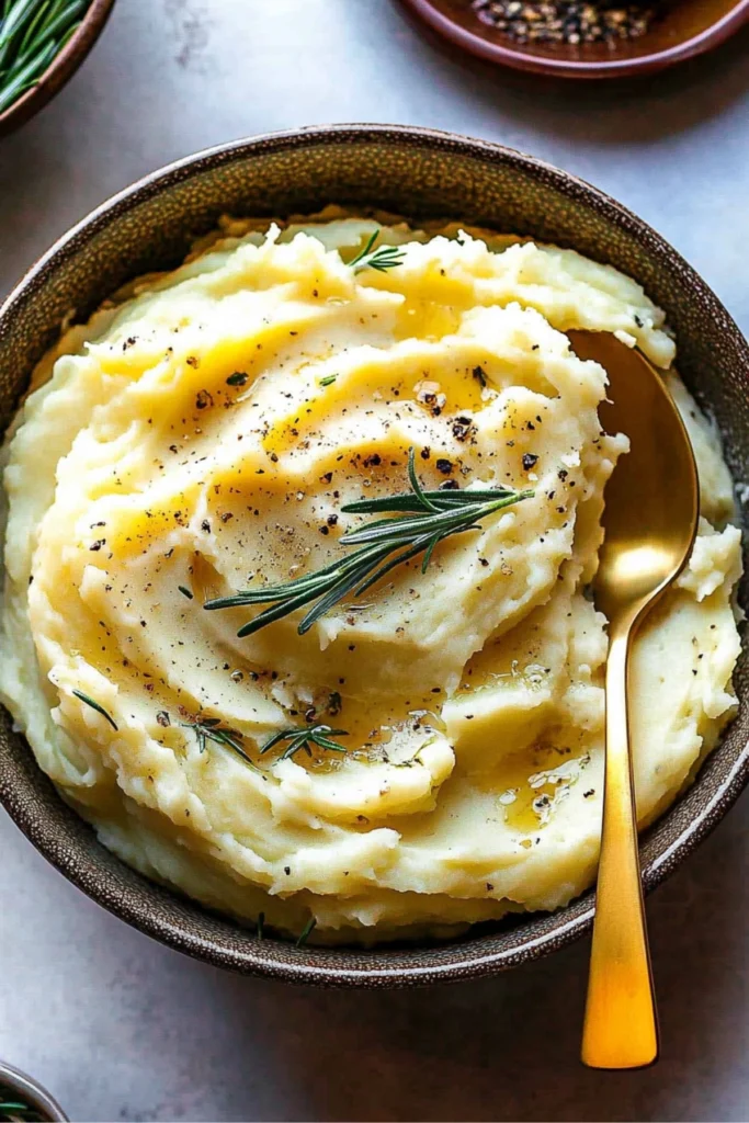 A close-up shot of creamy mashed potatoes garnished with fresh rosemary and cracked black pepper in a rustic bowl, with a golden spoon placed beside it.