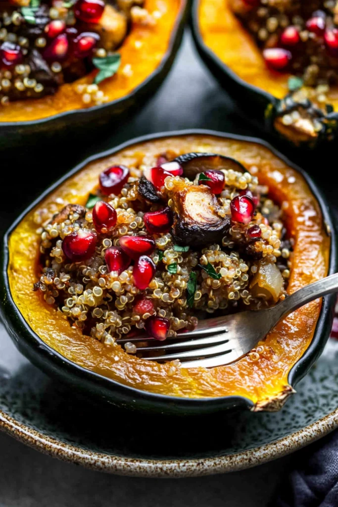 A close-up image of a roasted acorn squash half stuffed with quinoa and mushrooms, garnished with pomegranate seeds, with a fork placed in the dish showing the stuffing.