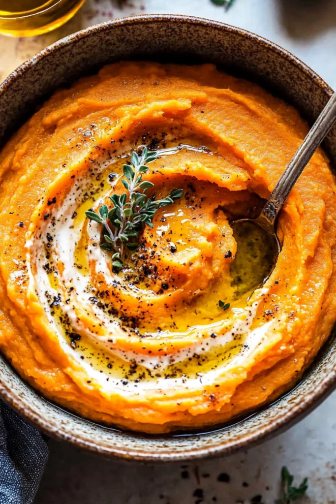 A bowl of creamy mashed sweet potatoes, topped with fresh thyme, black pepper, and a drizzle of olive oil.