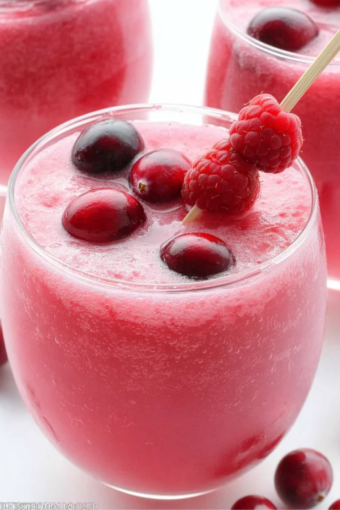 Glass of pink sherbet punch with raspberries and cranberries on a festive garnish skewer