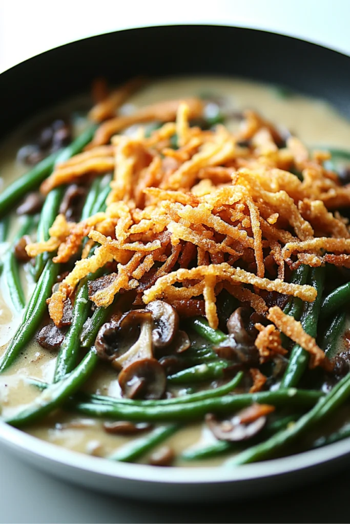 Close-up of green bean casserole with crispy fried onions and creamy sauce