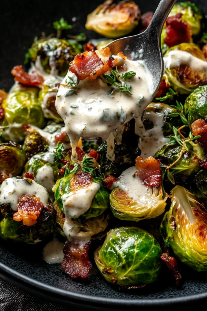 Close-up of roasted Brussels sprouts with creamy sauce, crispy bacon, and fresh thyme, with a spoonful lifted from the plate.